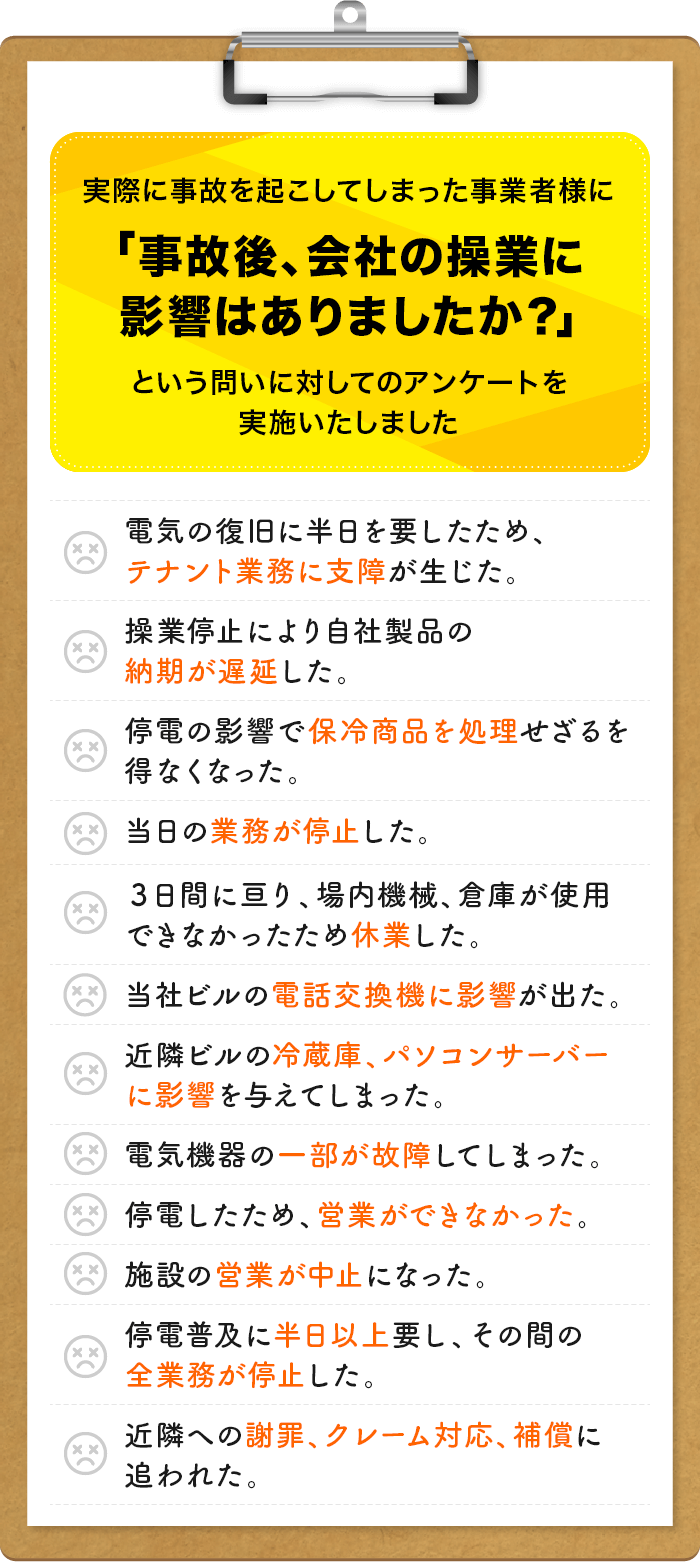 実際に事故を起こしてしまった事業者様に「事故後、会社の操業に影響はありましたか？」という問いに対してのアンケートを実施いたしました